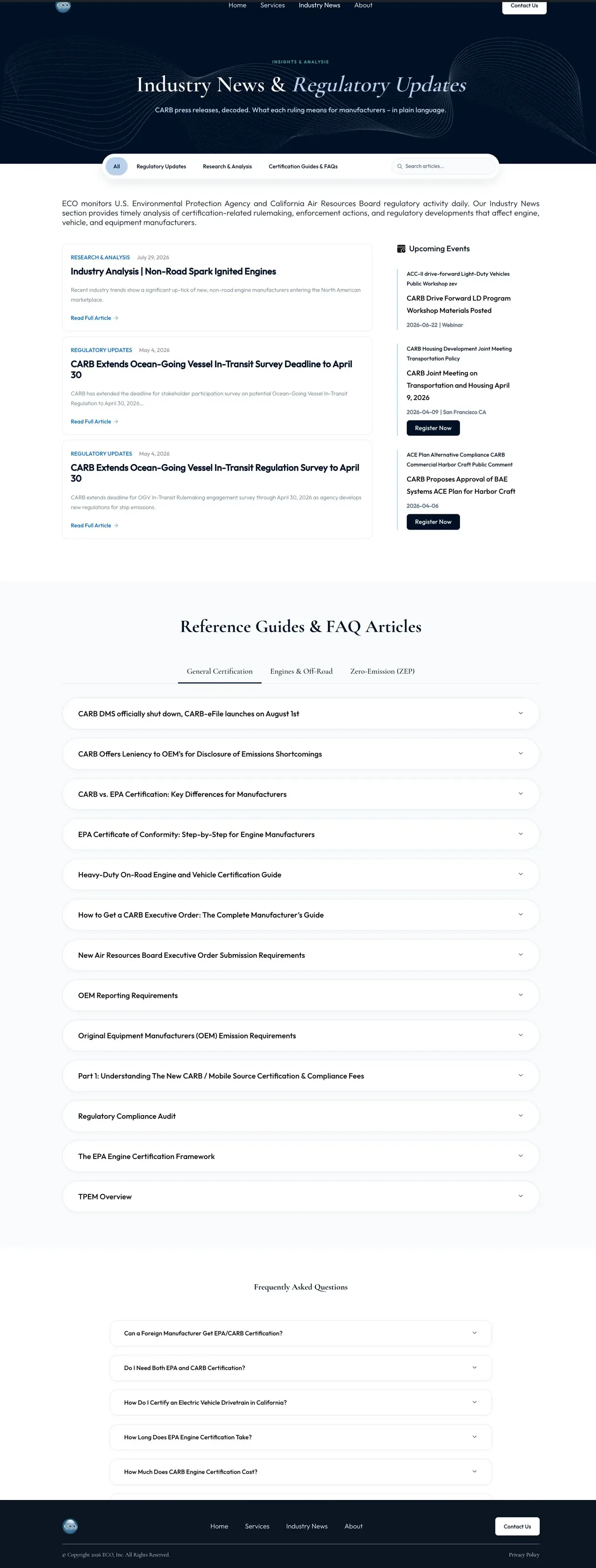 Full ECO Industry News staging page with five selected FAQs and no client-logo section, scaled to fit without cropping