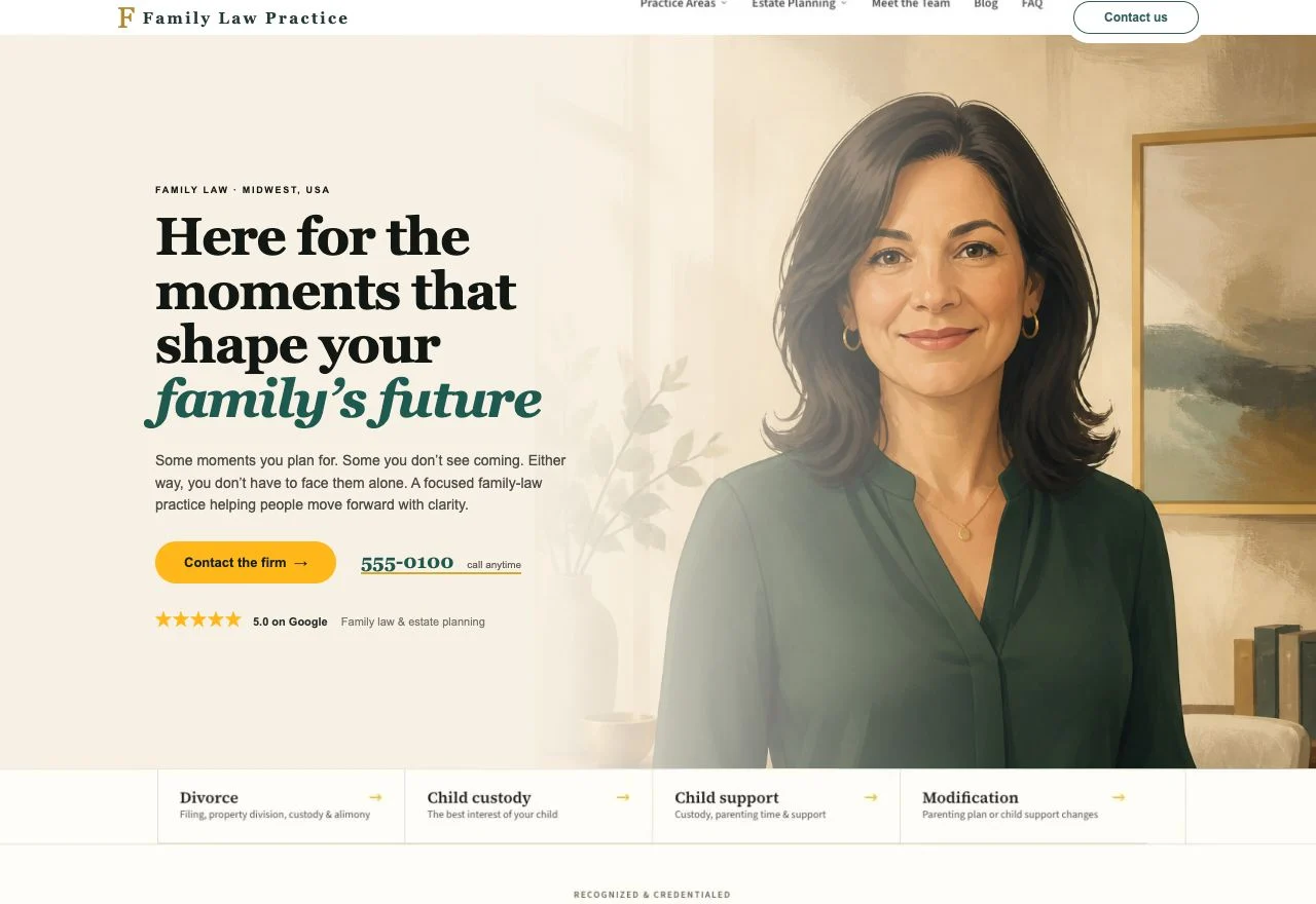 Anonymized recreation of the redesigned block-native family-law homepage