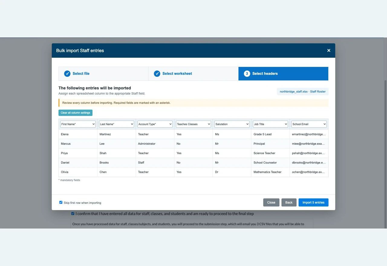Gradelink bulk-import wizard with fictional staff records and spreadsheet column mapping controls