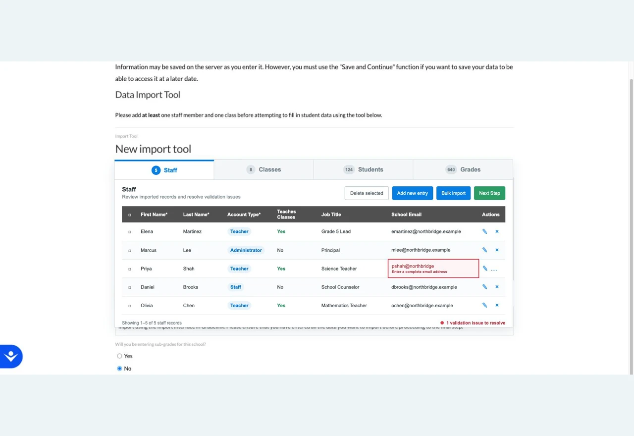 Gradelink linked-record workspace with fictional Staff, Classes, Students and Grades data and a cell-level validation error