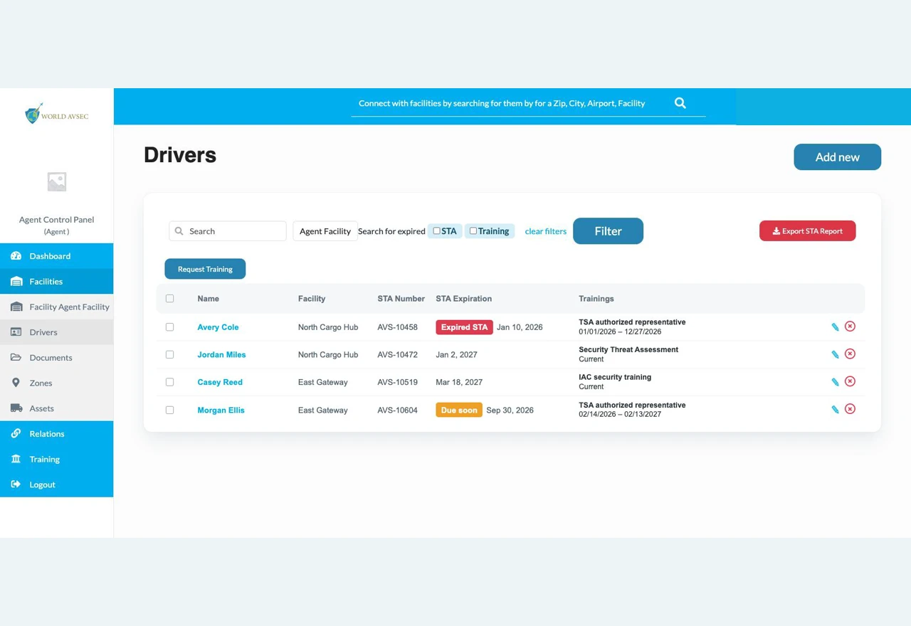 World AVSEC driver compliance screen with fictional STA expiry and training records