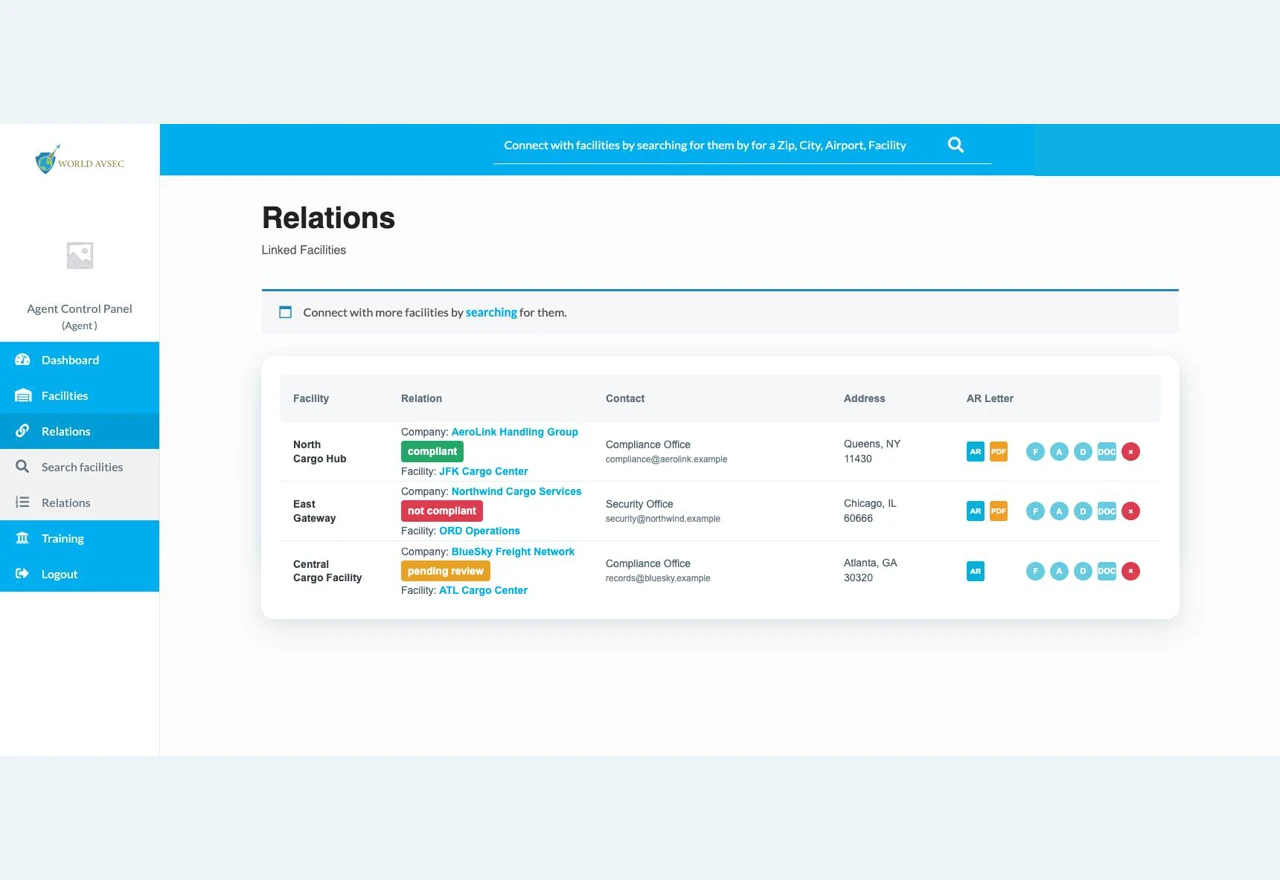 World AVSEC partner relationship screen with fictional facilities, compliance states and authorisation actions