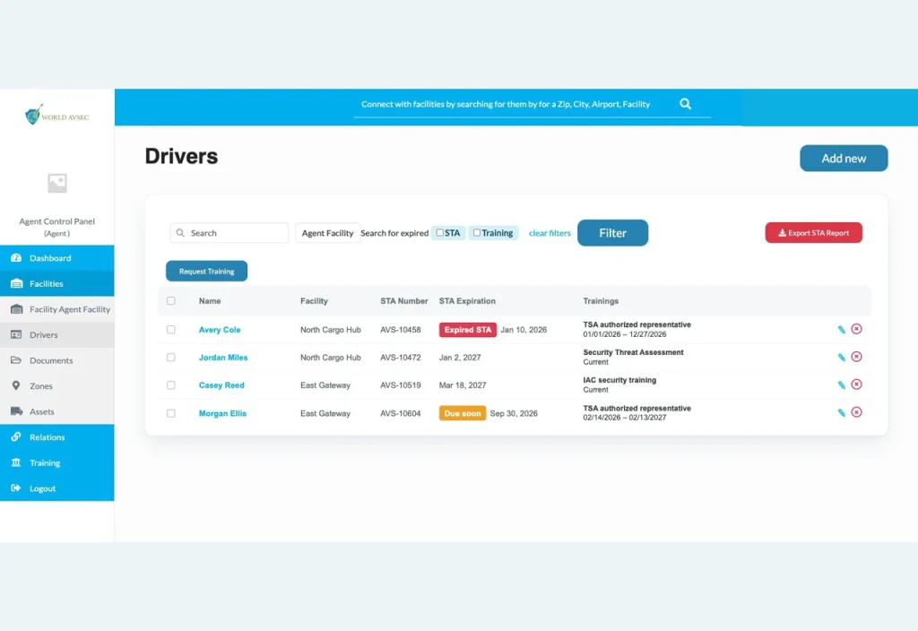 World AVSEC driver compliance screen with fictional STA expiry and training records